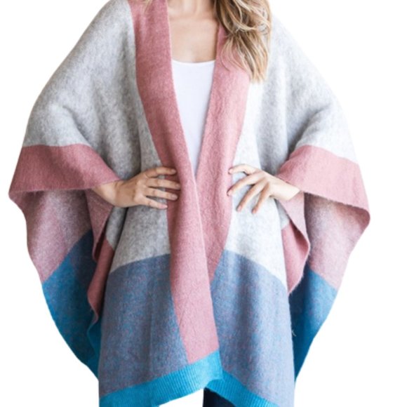 Women's Color Block Knit Poncho wrap - Picture 1 of 2